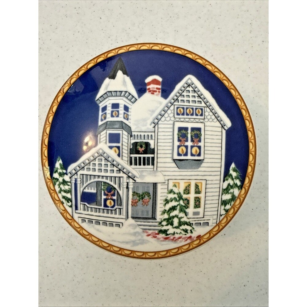 MIKASA 4 3/4" diameter porcelain Trinket Box CHRISTMAS Victorian Holiday House